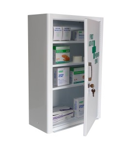 Wall-mounted metal first aid cabinet with solid door panel and lock with 2 keys.