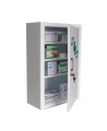 Wall-mounted metal first aid cabinet with solid door panel and lock with 2 keys.