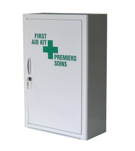 Wall-mounted metal first aid cabinet with solid door panel and lock with 2 keys.