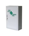 Wall-mounted metal first aid cabinet with solid door panel and lock with 2 keys.