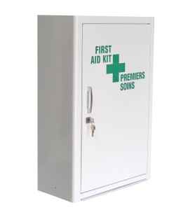 Wall-mounted metal first aid cabinet with solid door panel and lock with 2 keys.