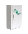 Wall-mounted metal first aid cabinet with solid door panel and lock with 2 keys.