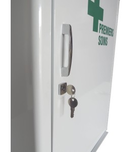 Wall-mounted metal first aid cabinet with solid door panel and lock with 2 keys.