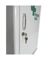 Wall-mounted metal first aid cabinet with solid door panel and lock with 2 keys.