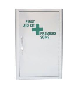 Wall-mounted metal first aid cabinet with solid door panel and lock with 2 keys.