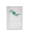 Wall-mounted metal first aid cabinet with solid door panel and lock with 2 keys.