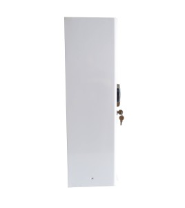 Wall-mounted metal first aid cabinet with solid door panel and lock with 2 keys.