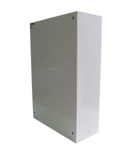 Wall-mounted metal first aid cabinet with solid door panel and lock with 2 keys.