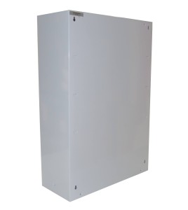 Wall-mounted metal first aid cabinet with solid door panel and lock with 2 keys.