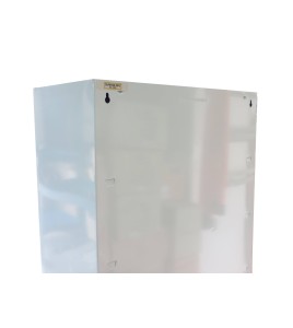 Wall-mounted metal first aid cabinet with solid door panel and lock with 2 keys.