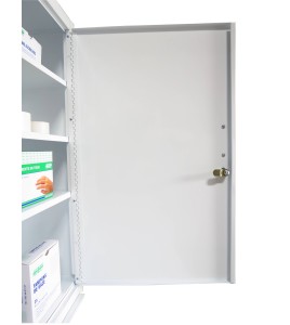 Wall-mounted metal first aid cabinet with solid door panel and lock with 2 keys.