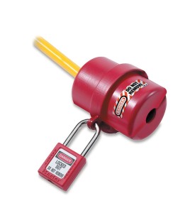 Lock for 110 Volt electric plug. Rotary lockout device for electrical plugs. 