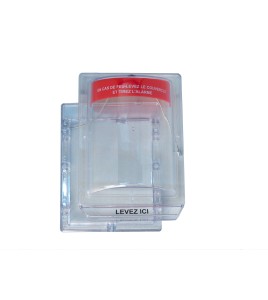 Couvert en polycarbonate transparent pour station d'alarme manuelle avec fils encastrés.