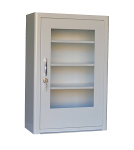 Wall-mounted metal first aid cabinet with acrylic door panel and lock with 2 keys.