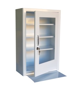 Wall-mounted metal first aid cabinet with acrylic door panel and lock with 2 keys.