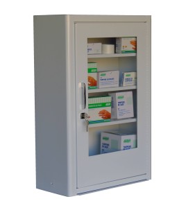 Wall-mounted metal first aid cabinet with acrylic door panel and lock with 2 keys.