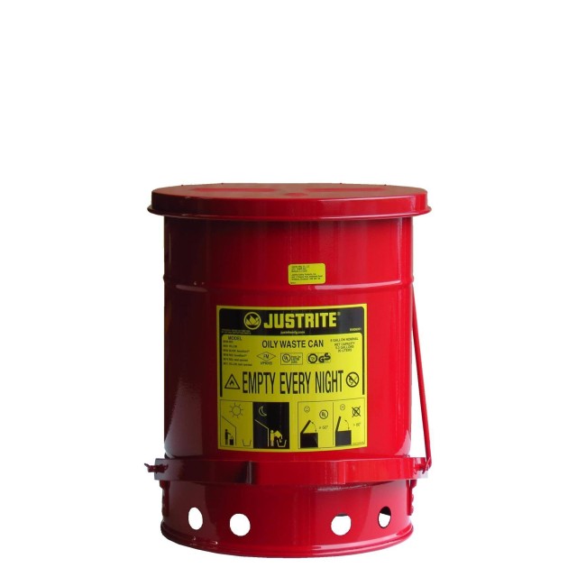 Container for oily or solvent-soaked rags, 6 gallons, with pedal, FM, UL, OSHA approuved.