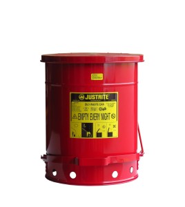 Container for oily or solvent-soaked rags, 10 gallons, with pedal, approved FM, UL, OSHA.