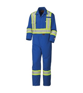 Blue 100% flame-resistant cotton safety coverall, ARC 2, with high-visibility reflective stripes, compliant CSA Z96-15.