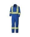 Blue 100% flame-resistant cotton safety coverall, ARC 2, with high-visibility reflective stripes, compliant CSA Z96-15.