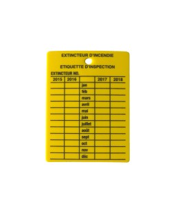 Yellow plastic monthly inspection tag for fire extinguishers, labelling in French, covering 4 years.