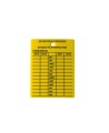 Yellow plastic monthly inspection tag for fire extinguishers, labelling in French, covering 4 years.