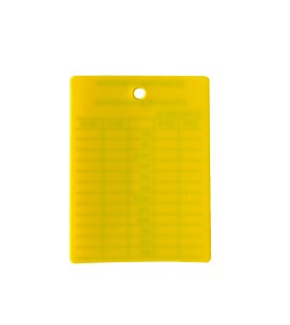 Yellow plastic monthly inspection tag for fire extinguishers, labelling in French, covering 4 years.