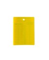 Yellow plastic monthly inspection tag for fire extinguishers, labelling in French, covering 4 years.