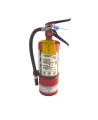 Yellow plastic monthly inspection tag for fire extinguishers, labelling in French, covering 4 years.