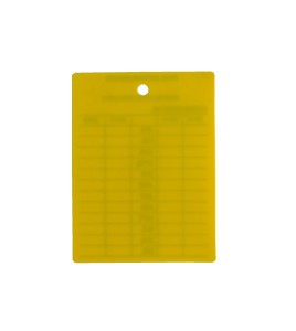 Yellow plastic monthly inspection tag for fire extinguishers, labelling in English, covering 4 years.