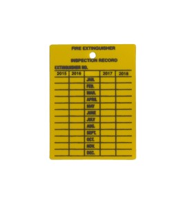 Yellow plastic monthly inspection tag for fire extinguishers, labelling in English, covering 4 years.