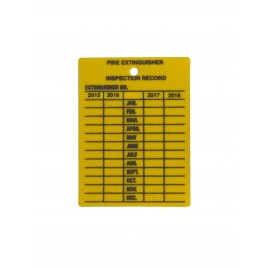 Yellow plastic monthly inspection tag for fire extinguishers, labelling in English, covering 4 years.