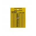 Yellow plastic monthly inspection tag for fire extinguishers, labelling in English, covering 4 years.