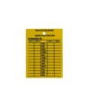 Yellow plastic monthly inspection tag for fire extinguishers, labelling in English, covering 4 years.