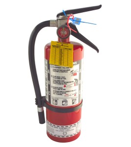 Yellow plastic monthly inspection tag for fire extinguishers, labelling in English, covering 4 years.