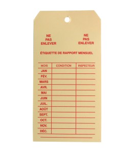 Cardstock monthly inspection tag, for fire extinguishers, labelling in French, covering 1 year.