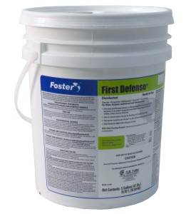 First Defense 40-80 broad spectrum disinfectant with quaternary ammonium chloride, for mold decontamination. 5 gal US container.