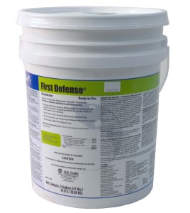 First Defense 40-80 broad spectrum disinfectant with quaternary ammonium chloride, for mold decontamination. 5 gal US container.