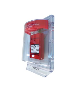 Clear water-resistant polycarbonate cover for  manual fire alarm pull station.