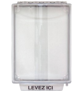 Universal Stopper® clear polycarbonate cover without a horn, but with French labelling for flush mounted manual pull stations