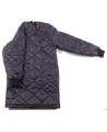 Long quilted refrigerator coat with 2 pockets and snap buttons.