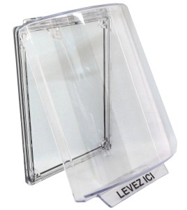 Universal Stopper® clear polycarbonate cover without a horn, but with French labelling for flush mounted manual pull stations