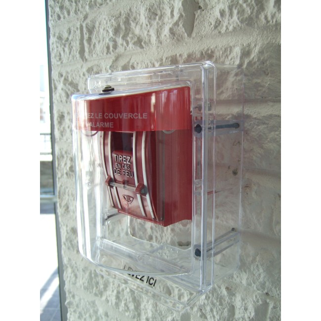 Stopper II® clear polycarbonate cover without horn, but with French labelling for surface mounted manual pull stations