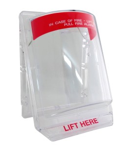 Stopper II® clear polycarbonate cover without a horn, but with English labelling for flush mounted manual pull stations