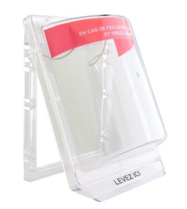 Stopper II® clear polycarbonate cover without a horn, but with French labelling for flush mounted manual pull stations