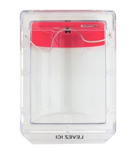 Stopper II® clear polycarbonate cover without a horn, but with French labelling for flush mounted manual pull stations