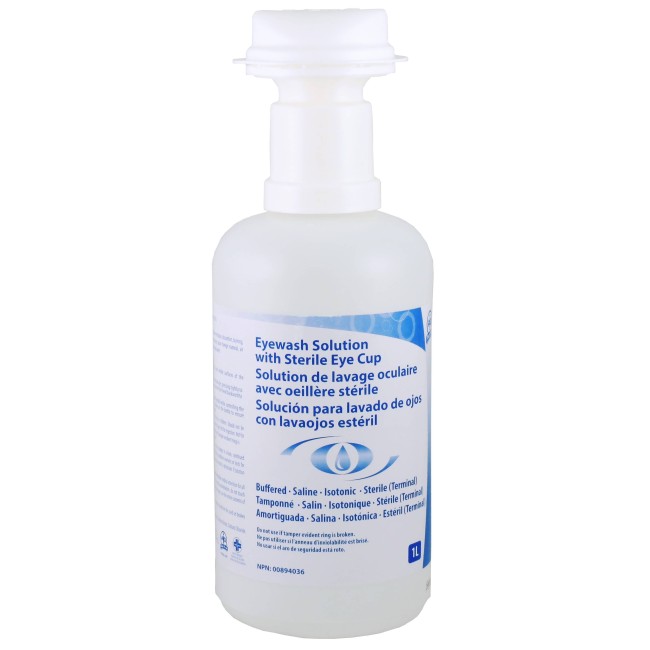 Replacement bottle for wall-mounted eye wash kit, 1 liter.