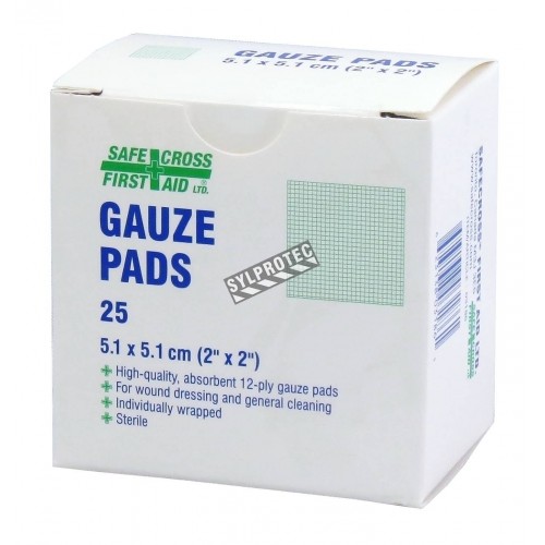 Sterile gauze pads, 2 x 2 in, 25/box.