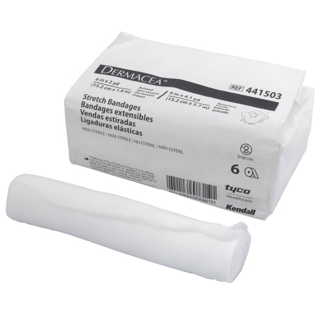 Non-sterile rolls of gauze bandage, 6 in x 12 ft, 6/box.