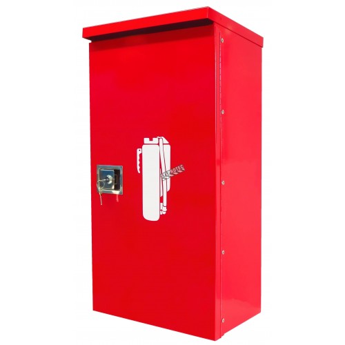 Surface-mounted outdoors steel fire cabinet for 20 lbs extinguishers.